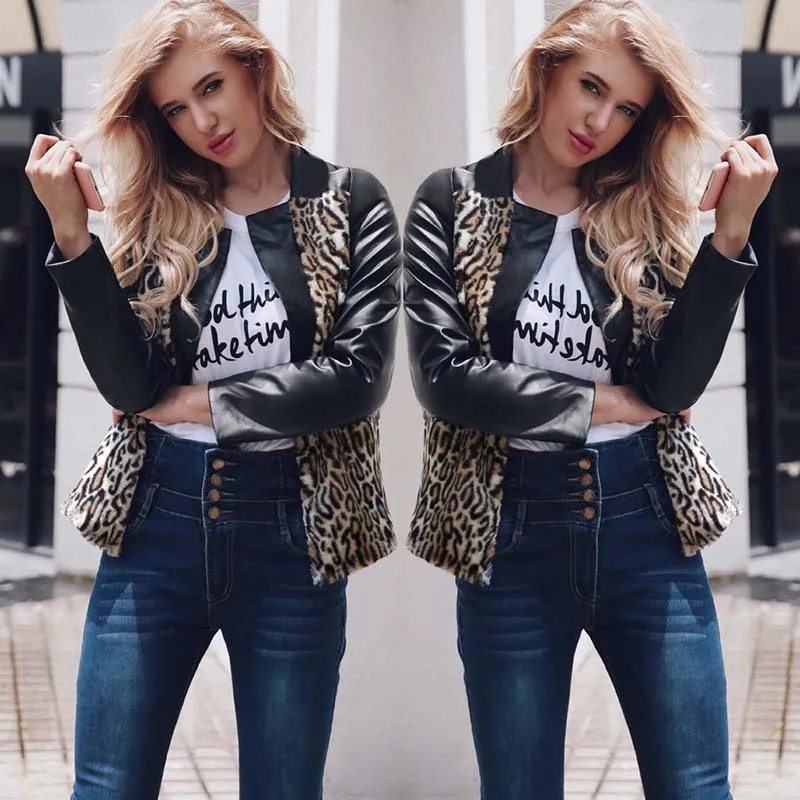 Autumn Winter Faux Fur Coat Women Patchwork Leopard PU
