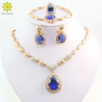 

African Beads Jewelry Set Blue Zircon Drop Water Bead Wedding Bridal Necklace Set Gold Color Crystal African Jewelry Sets