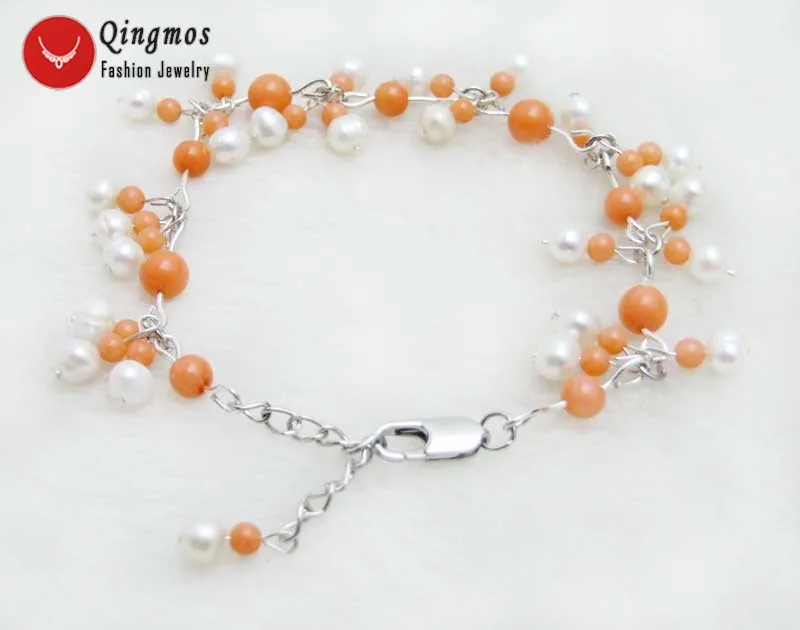 

Qingos Trendy Coral & Pearl Bracelet for Women with 5-6mm White Round Pearl and 3-6mm Pink Coral 7-9'' Bracelet Fine Jewelry 386