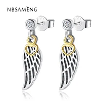 Новые Аутентичные 925 пробы серебро ангел серьги-гвоздики в виде крыльев с золотым Цвет для Для женщин Оригинальное ювелирное изделие из драгоценных камней