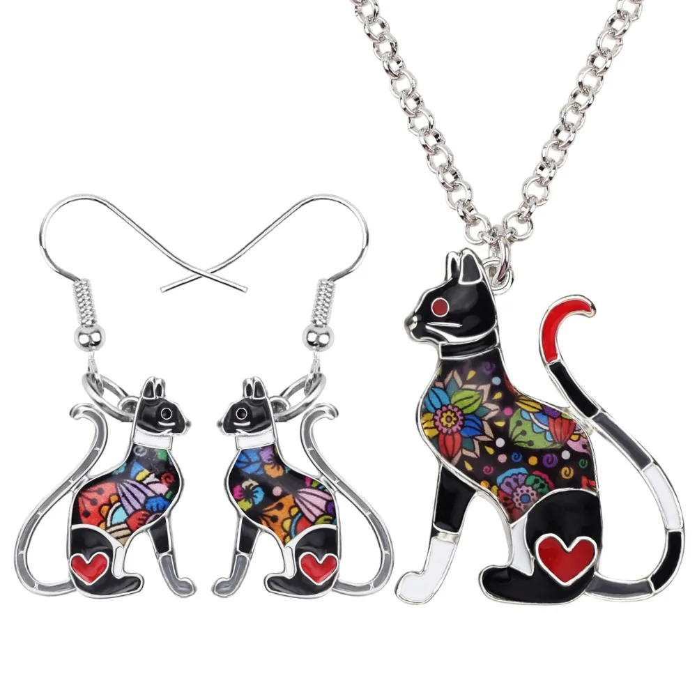 Bonsny, эмалированный сплав, элегантные серьги в виде котенка, кошки, ожерелье, ювелирные наборы для женщин, девочек, подарок для подростков,, Bijoux, подвески