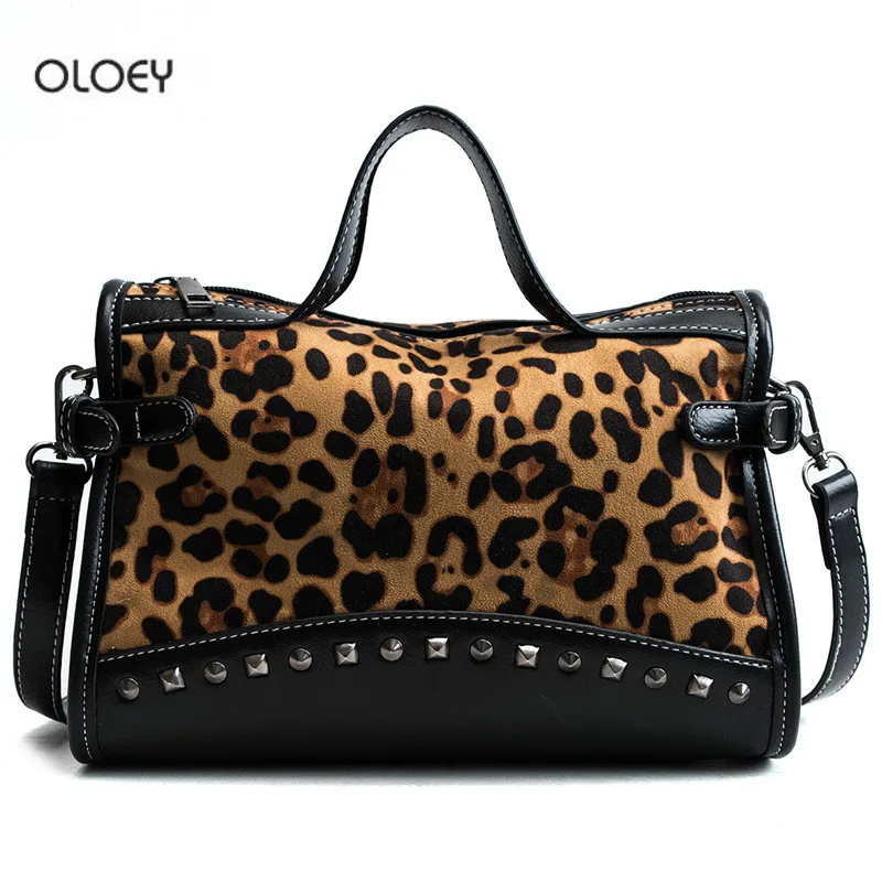 

OLOEY New women's Boston bag Fashion leopard shoulder messenger bag Simple wild rivet leather handbag crossbody bags for women