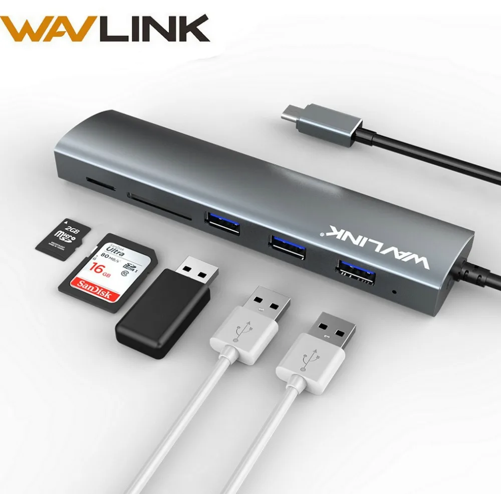 Wavlink USB C Hub Aluminum USB 3.0 Hub Type C adapter hub with USB 3.0 Ports SD/Micro SD TF Card Reader for MacBook Pro USB Dock