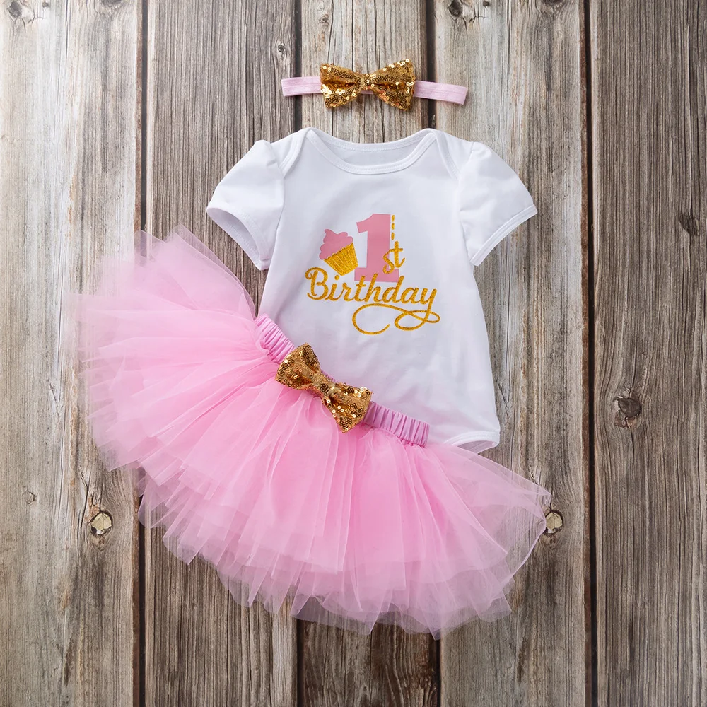 Комплект одежды с короткими рукавами и принтом для маленьких девочек; хлопковая одежда для новорожденных; комплект из 3 предметов; элегантная юбка; комбинезон; головной убор; костюм на день рождения для маленьких девочек