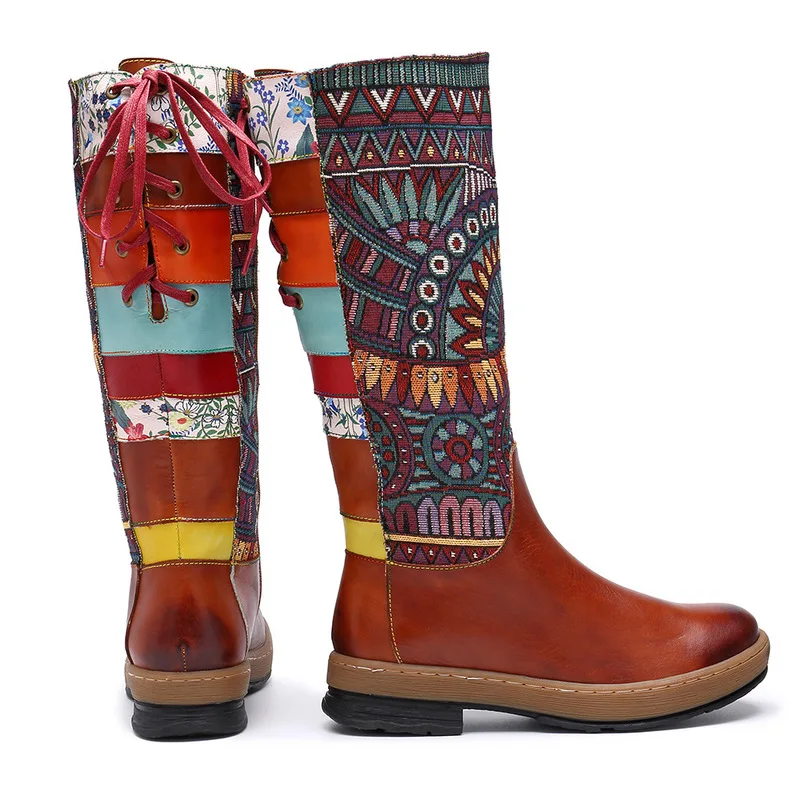 

Vintage Mid-calf Boots Women Shoes Bohemian Retro Genuine Leather Motorcycle Boots Printed Side Zipper Back Lace Up Botas