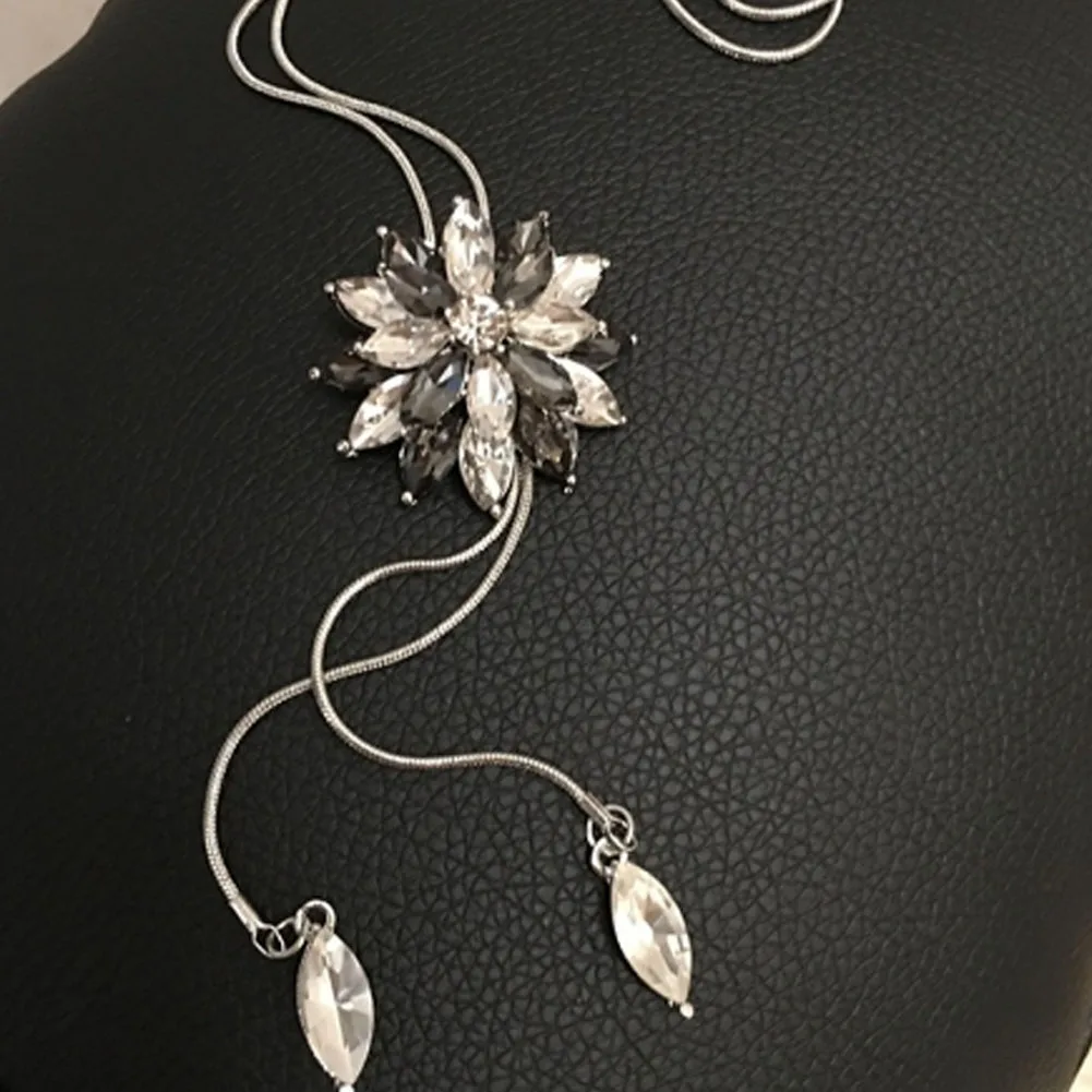 Циркон снежинка длинное ожерелье свитер цепь мода тонкий металлический хрустальный горный хрусталь цветок кулон ожерелье s регулируется - Окраска металла: gray