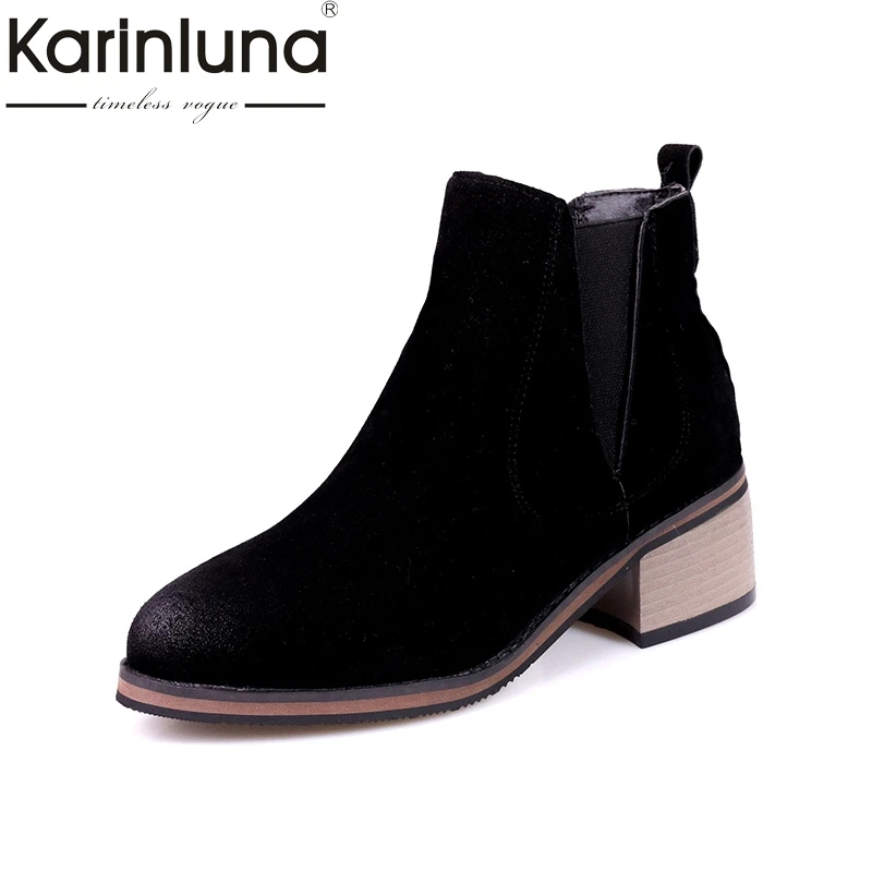 

KARINLUNA 2018 plus size 33-43 slip on chelsea boots casual square med heels add fur ankle boots women shoes woman winter