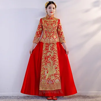 

Red Traditional Show bride Embroidery cheongsam married suits chinese style wedding formal dress female Overseas Chinese Qipao