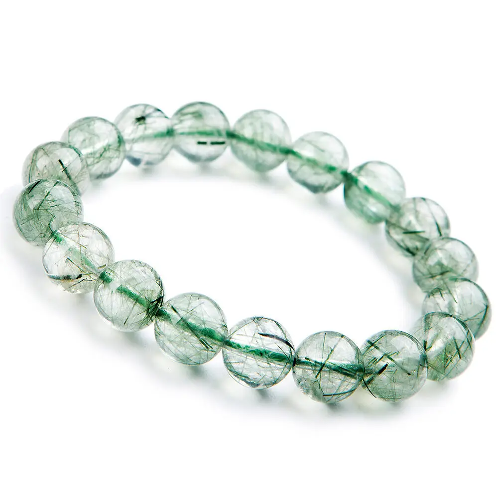 

Genuine Natural Green Rutilated Quartz Bracelets 11mm 12mm Women Men Stretch Rutilated Quartz Crystal Round Beads Bracelet AAAA