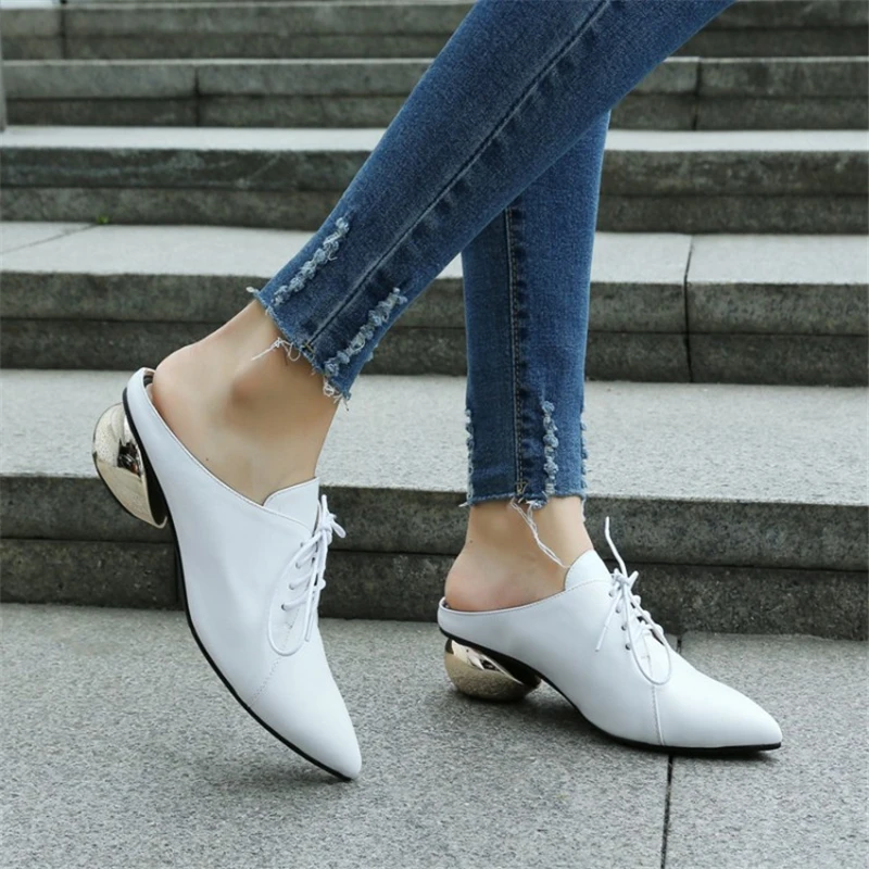 MSSTOR Shoe Laces Summer Shoes White Fashion Genuine Leather Strange Style Concise High Heels Pointed Toe Mules Women Slippers MSSTOR Shoe Laces Summer Shoes White Fashion Genuine Leather Strange Style Concise High Heels Pointed Toe Mules Women Slippers