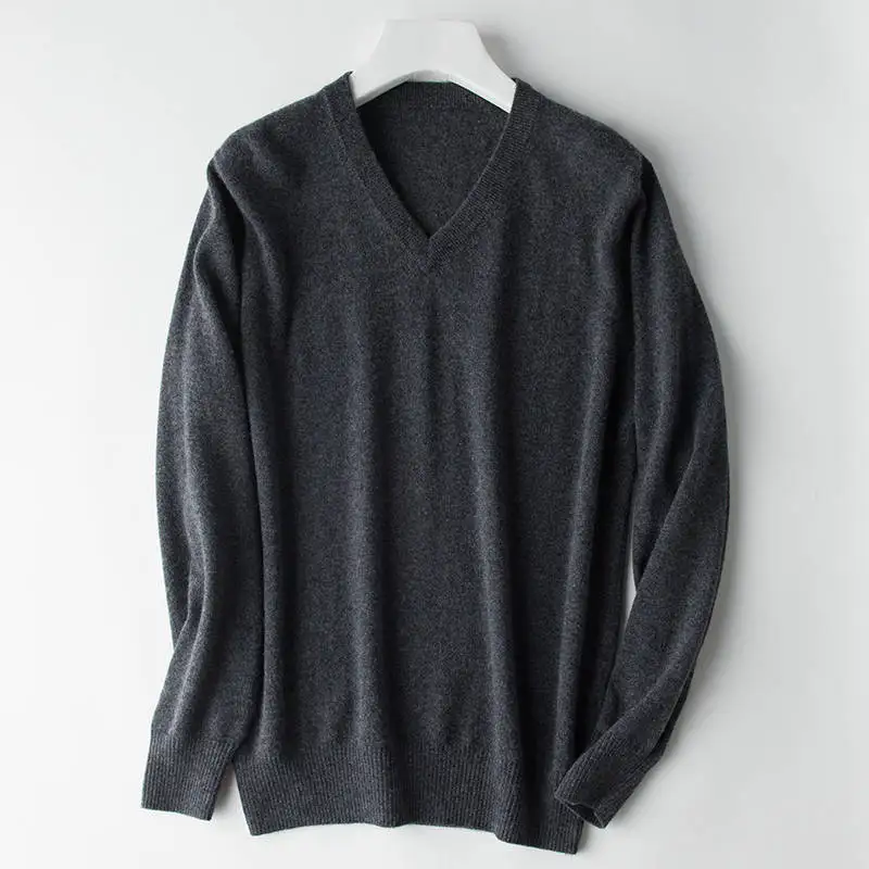 Настоящие вязаные кашемировые свитера, мужские пуловеры Vneck, 9 цветов, стандартная одежда, мужские джемпера, высокое качество, мужской свитер, вязаная одежда - Цвет: Темно-серый
