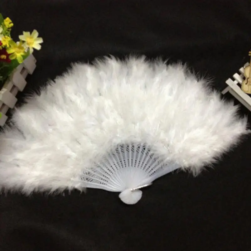 

Hot Sales white red fan fluffy soft feather costume hand held folding fan Women Lady Party Theater Ball Dance Fans*