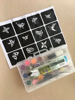 

24 Colors Glitter Waterproof Powder Temporary Tattoo Body Painting Kit 2 Brushes 1 Glue 1 Hollow Template 1 Cleansing Water
