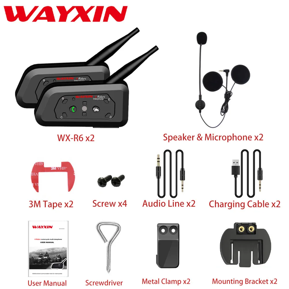 

2Pcs WAYXIN Motorcycle Intercom 1200M Helmet Bluetooth Intercom Moto Buletooth Interphone 6 Riders Wireless Bluetooth Headset