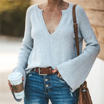 

2019 Autumn Sweaters Women Sexy V Neck Knitted Pullovers Casual Fashion Flare Sleeve Solid Jumper Oversized Pull Femme Hiver