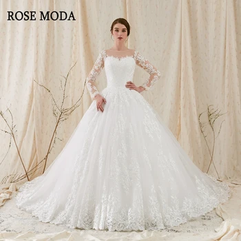 شراءفستان زفاف من الدانتيل بأكمام طويلة فاخر من Rose Moda فستان زفاف بأكمام طويلة للمسلمين صور حقيقية