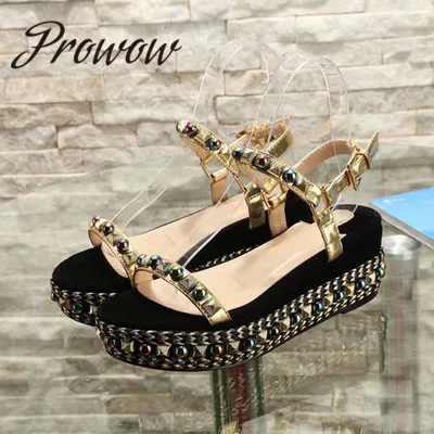 

Prowow New High Quality Genuine Leather Pearl Studded Summer Sandals Open Toe Buckle Strap Sexy Wedges Shoes Women
