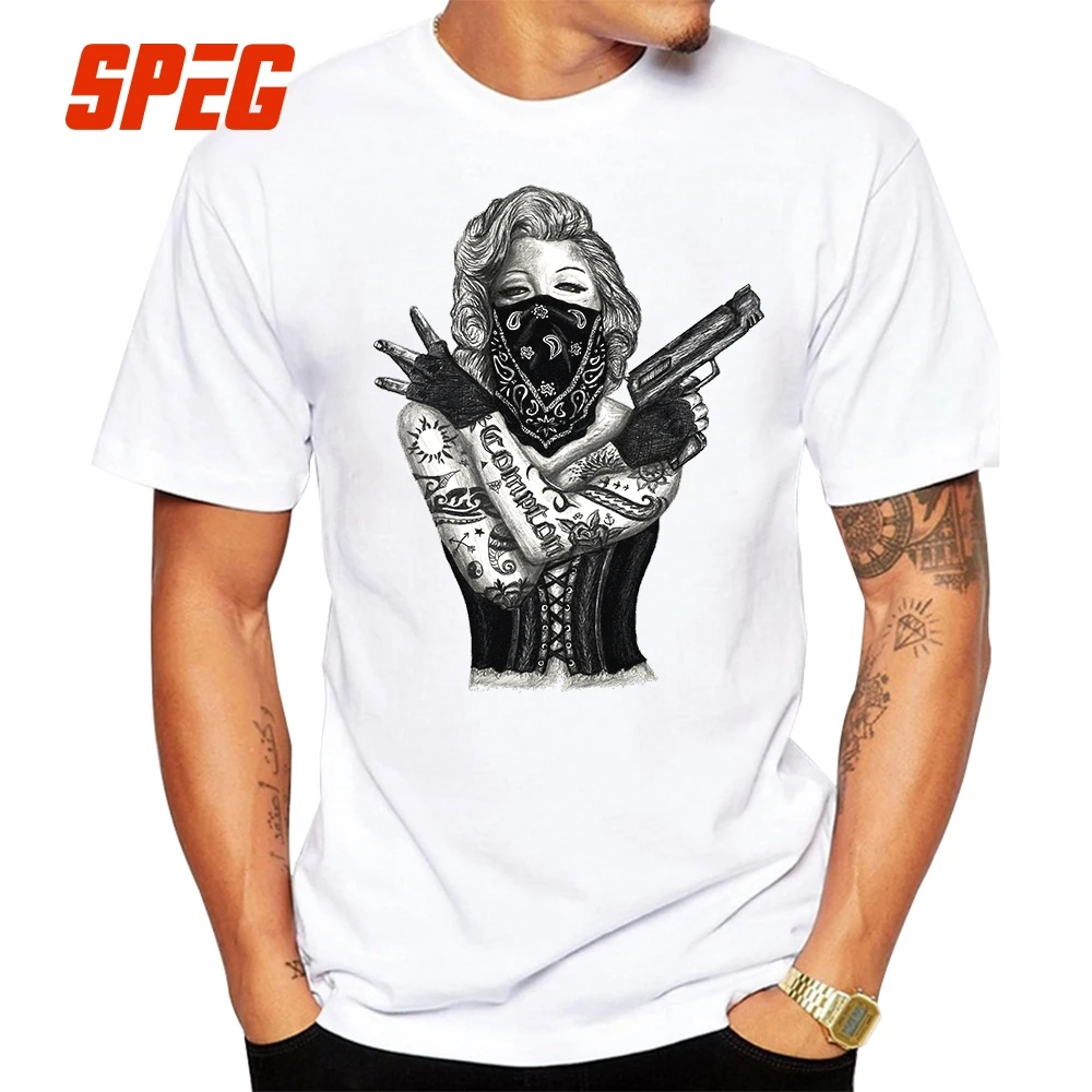 

XXXL Marilyn Monroe Gangster Guns Tattoo T-shirt Summer Short Sleeve Online Designer Custom Cool Personality Tshirts