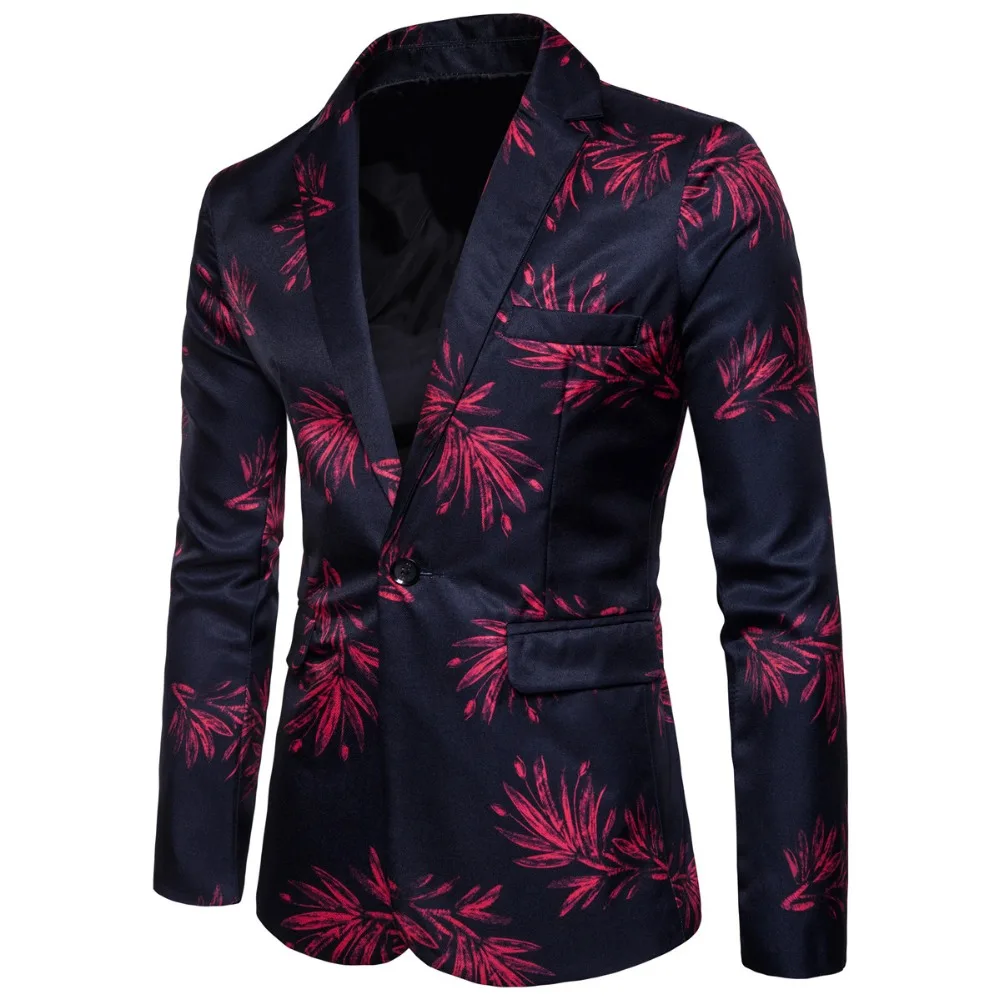 Vintage Floral Leaf Print blazer Men Slim fit One button