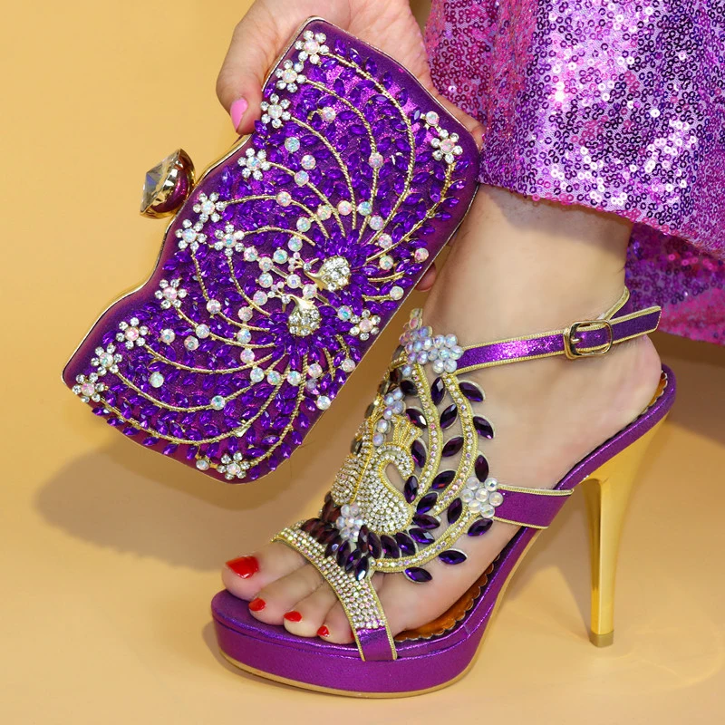 

Newest Italian Shoes With Matching Bags Set Purple Color African Rhinestone Middle Heels Shoes And Matching Bag Set For party