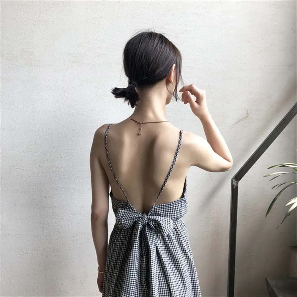 Sexy Backless Beach Dress 2018 Summer 2 types Short&long Plaid Vacation Dress Casual Vestidos Strapless Women Bow Dresses (21)