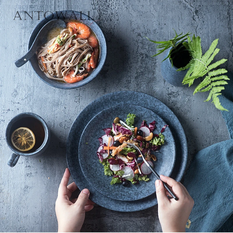 ANTOWALL Скандинавский современный минималистичный серый керамический набор посуды, миска для риса, Салатница, обеденная тарелка, серые мраморные блюда, блюдо для закусок