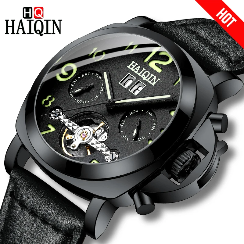 

HAIQIN 2018 Top brand luxury Men's watches sport automatic mechanical watch men luxury military Leather wristwatch mens watches