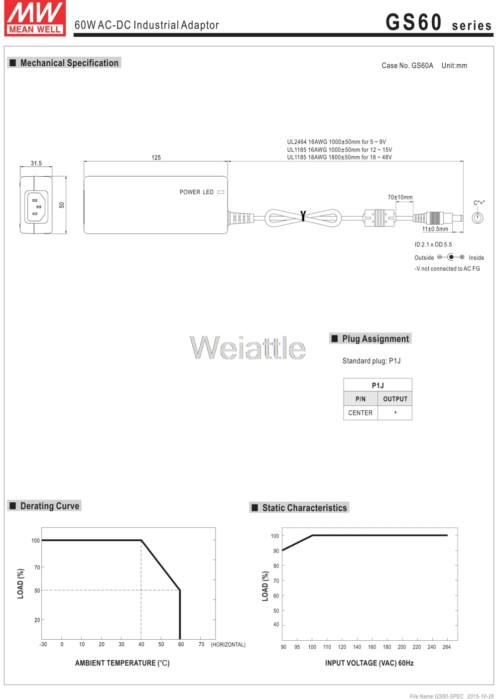 MEAN WELL GS60A15-P1J 15 в 0-4A meanwell GS60A 15 в 60 Вт AC-DC промышленный адаптер