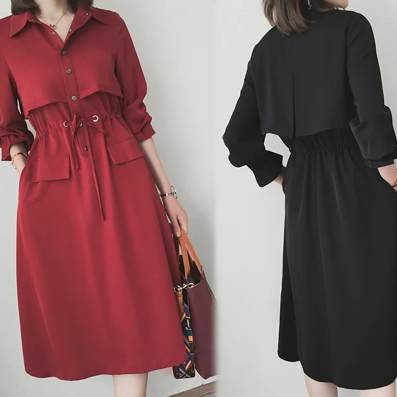 

Women's Clothing 2018 New Autumn Fashion Chiffon Solid Color Long Sleeves Dress Turn-down Collar Plus Size Loose Dresses Female