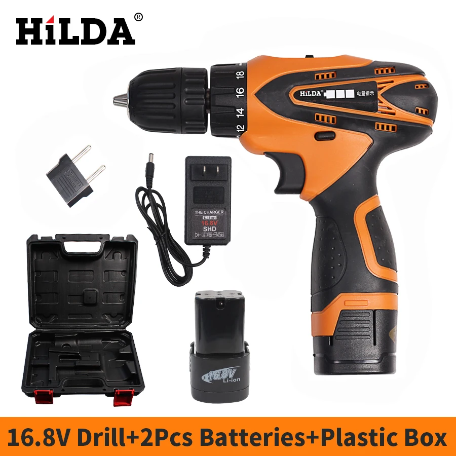

HILDA 16.8V Electric screwdriver Cordless Screwdriver Power Tools 2 PCS Lithium Battery Electric Drill With Case Electrical Tool