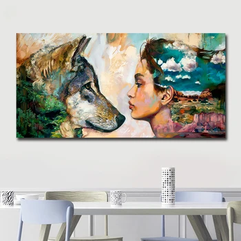 

Woman and Wolf Canvas Painting Modern Prints Art Vintage Poster prints Wall Picture Living Room Unframed Dropshipping