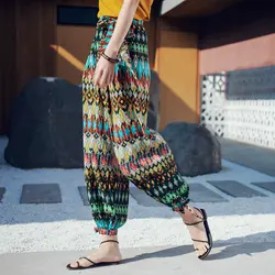 Пляжное Бохо нарядное штаны летние шаровары женские Национальные Ветер свободные длинные брюки с принтом винтажные женские брюки