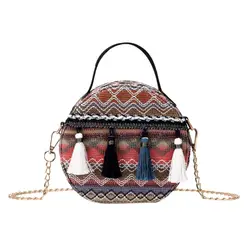 Кисточкой круглые сумки для женщин Лето 2019 г. Малый Сумки На Плечо Дамы Crossbody сумка женская богемная пляжная через