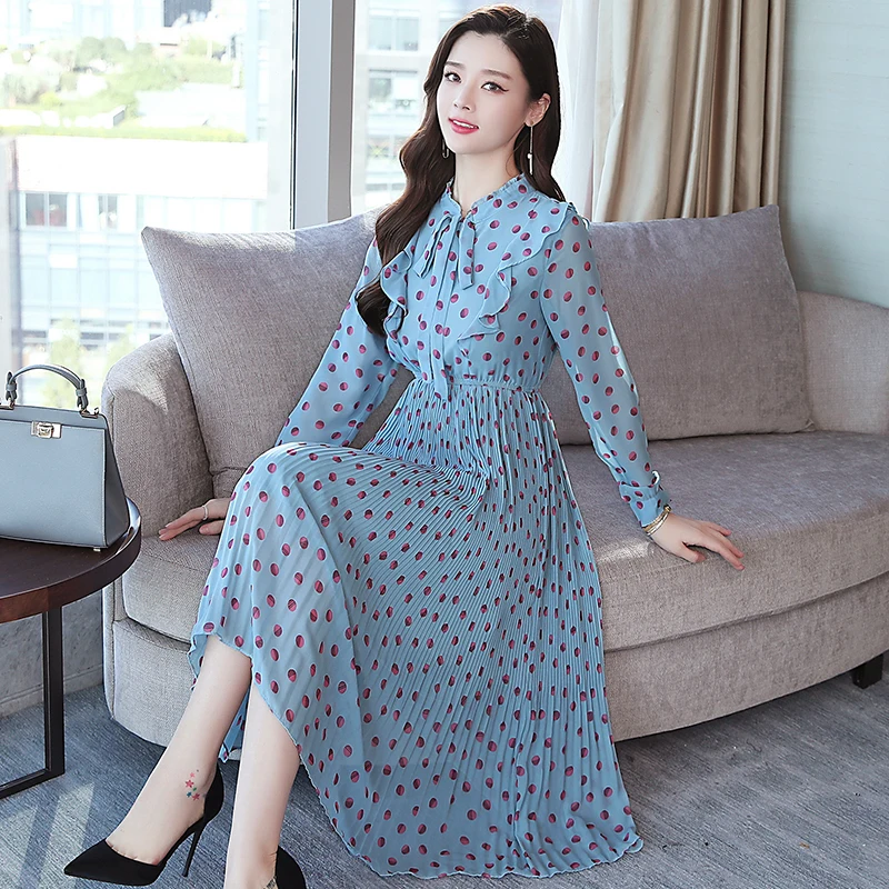 

Spring Autumn Lady Blue Flower Pleated Dress Women Long Sleeve Floral Print Long Chiffon Dresses