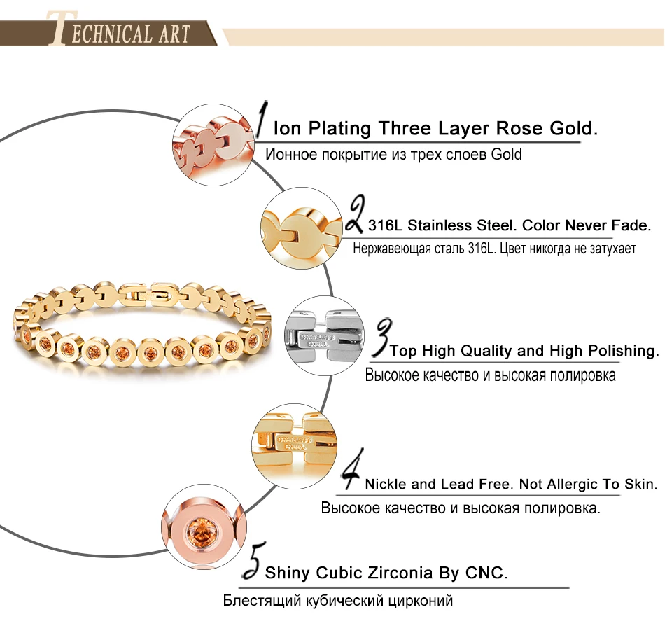 ZINDOV браслет и браслеты из розового золота нержавеющая сталь Шампанский кубик циркония Кристалл Камень бренд Роскошные ювелирные изделия для женщин