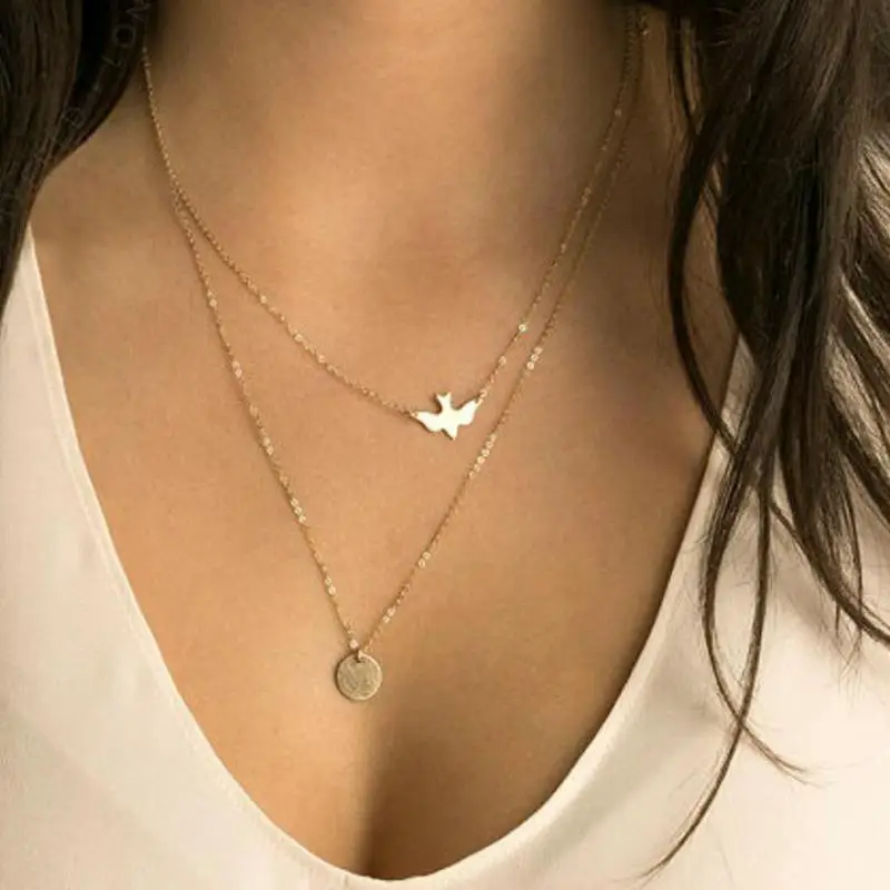 

Boho Jewelry Flying Birds Necklace Silver Fashion Metal Disc Pendants Chain Multi Layer Necklace Gold Necklaces For Women Collar