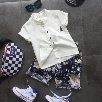 

2pcs boys fashion clothing set kids summer white shirt and floral printed short set baby casual all match clothes children 2-7T