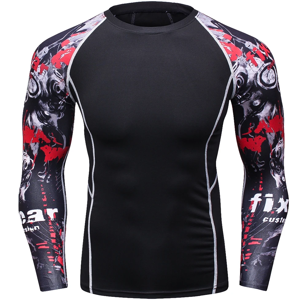 العضلات الرجال 3d يطبع ضغط ياقة قميص طويل الأكمام الحرارية تحت أعلى mma rashguard قاعدة طبقة الوزن رفع
