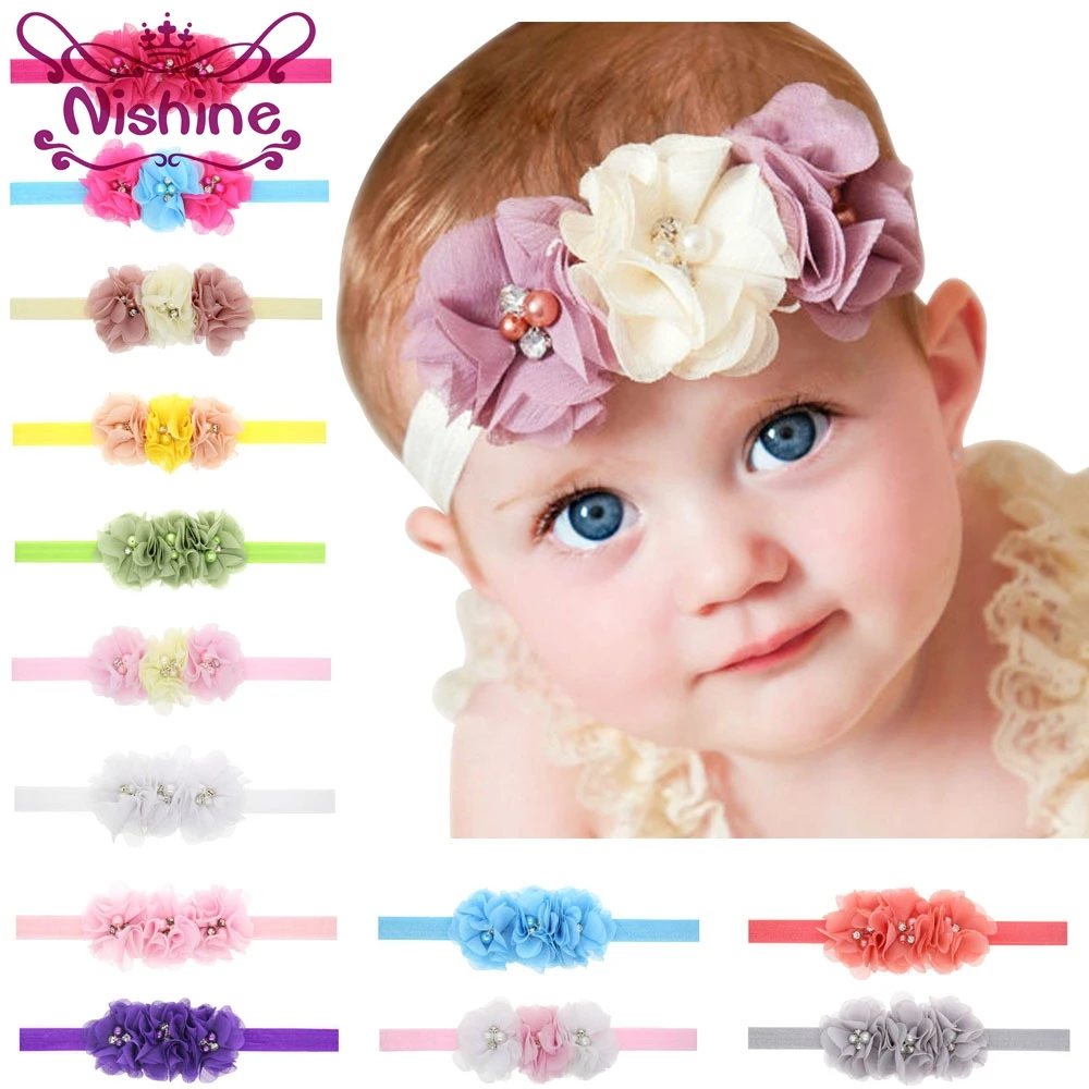 

Nishine 10pcs/lot 28 Colors Kids Girl Elastic Headbands Chiffon Flower Hair Accessory Children Hairbands Headwear