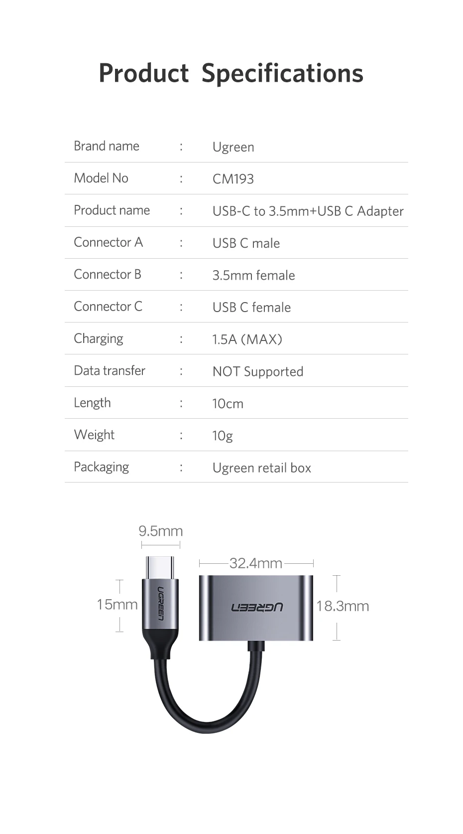 Type C to 3.5mm Jack + Type C Port for Charging by Ugreen [50596] Pakistan brandtech.pk