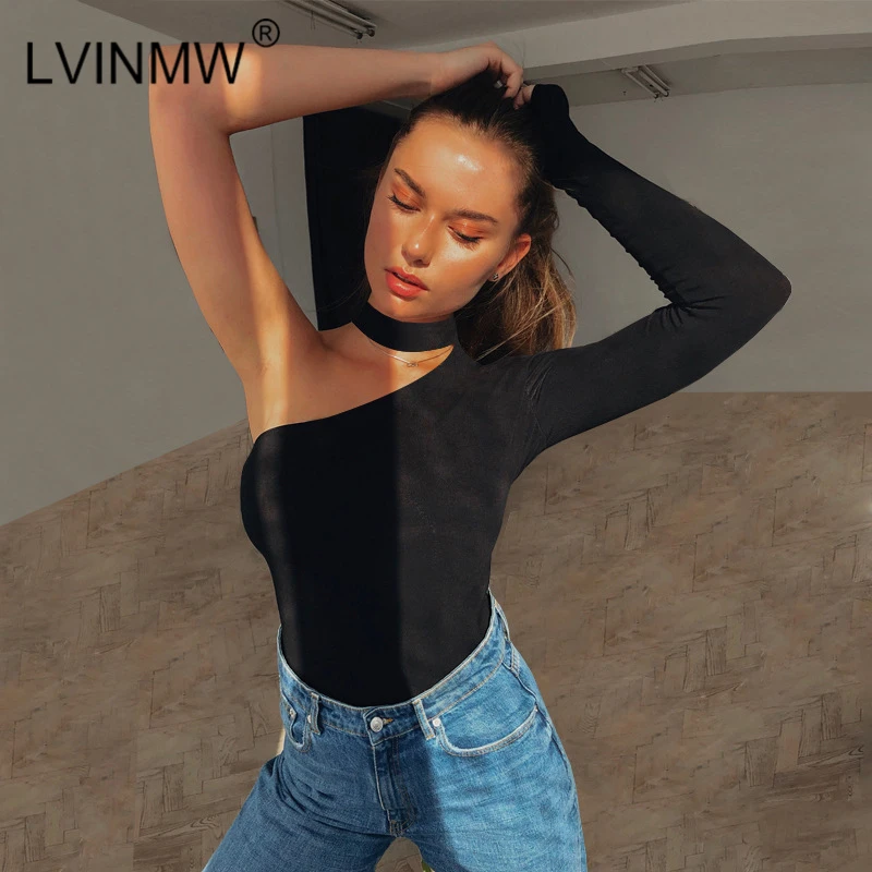 

LVINMW Sexy One Shoulder Bodycon Bodysuit New 2019 Spring Women Halter Long Sleeve Party Club Solid Bodysuits Black White Red