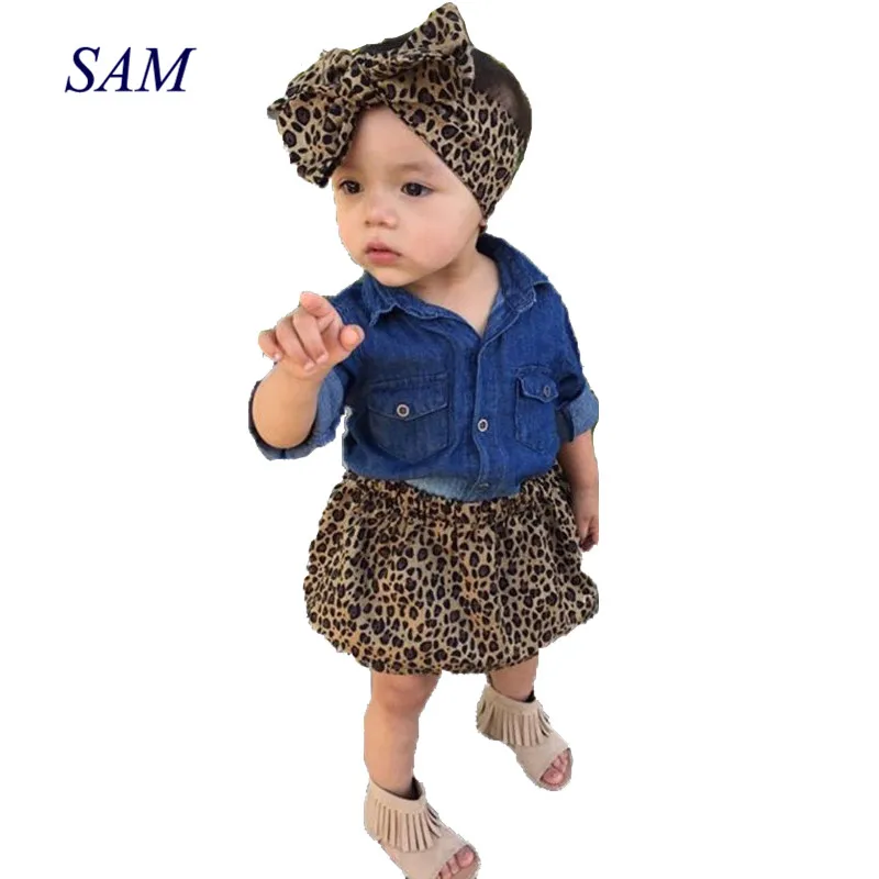 3 PCS مجموعة لطيف الطفل الفتيات الملابس 2019 الصيف طفل الاطفال الدنيم قمم + ليوبارد في Culotte تنورة ملابس الأطفال فتاة الملابس مجموعة
