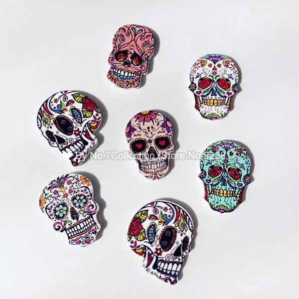 

10pcs Floral Skull Wooden Buttons for Clothing 2 Holes Assorted Color Scrapbooking Buttons Sewing Craft DIY Garment Accessories