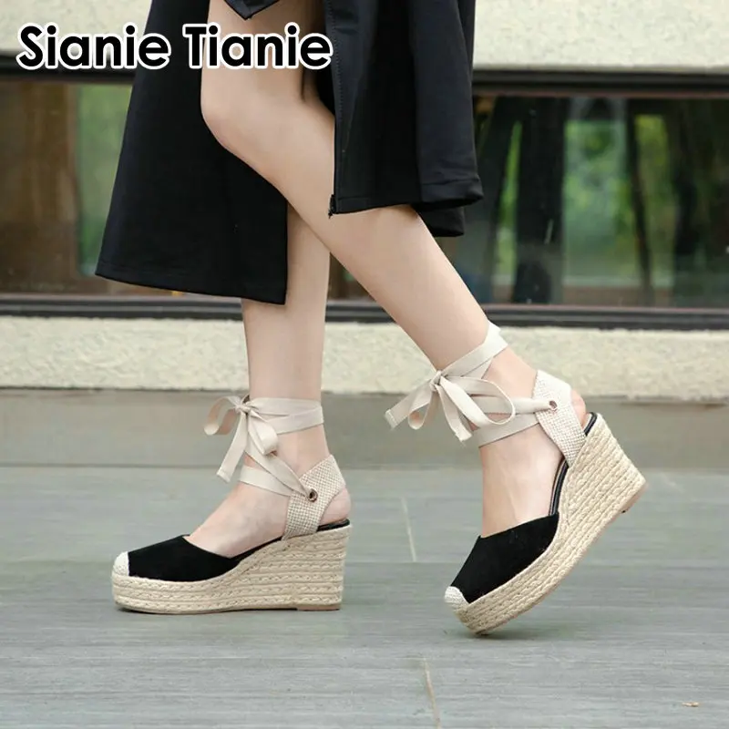 

Sianie Tianie Genuine Leather Kid Suede Ankle Strap Summer Platform Wedges High Heels Gladiators Women Espadrilles Wedge Sandals
