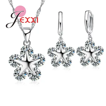 

Exquisite 925 Sterling Silver Chain Clear Crystal Flower Pendant Necklace Earrings Sets For Women Bridal Wedding Jewelry