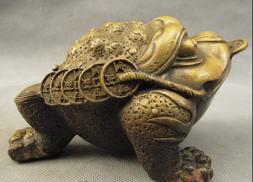 

Folk Chinese Bronze FengShui Wealth Coin 3 Feet Hoptoad Toad Statue Animals
