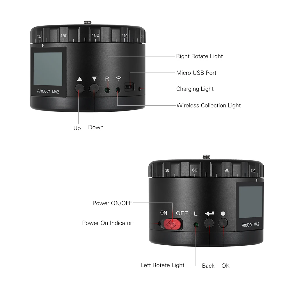 Andoer MA2 электрическая панорамная шаровая Головка штатива моторизованная с ЖК-экраном для GoPro Canon Nikon sony DSLR камеры для смартфона