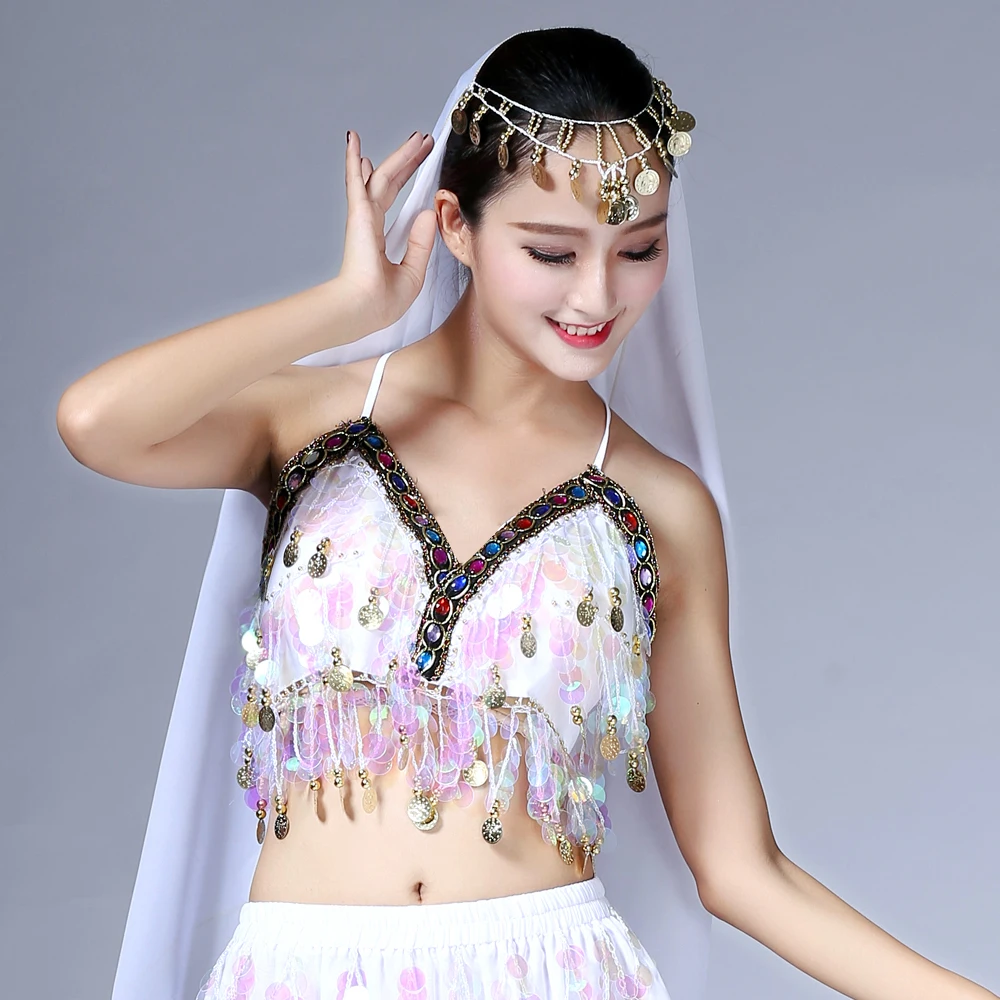 Rainbow Sequin Tassel Mermaid Mirror Festival Body Harness Bra Bralette Crop Top Beading Coins Lace-Up Chiffon Boho Cami Top