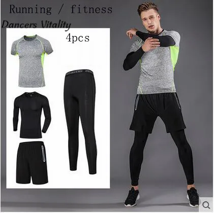 

Mens Sports Suits Running Clothes For Men Short Compression Tights Gym Fitness Long sleeves Cropped Pants Sets 4pcs