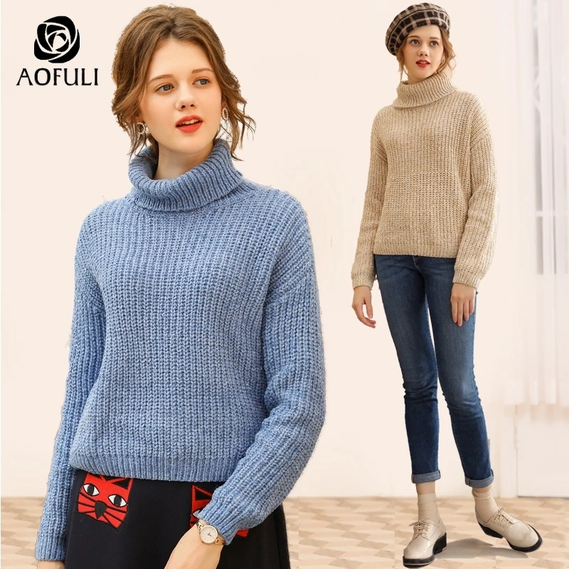 AOFULI L ~ XXXL 4XL 5XL Однотонный женский толстый свитер водолазка пуловер короткие